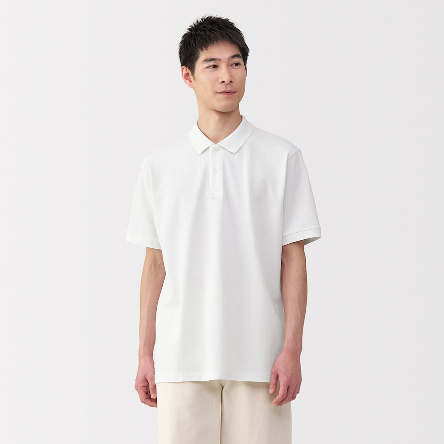 M's Washed pique S/Slv polo shirt WhiteXS