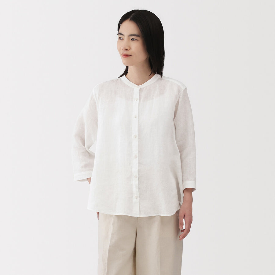 W's Washed linen 3/4 sleeve blouse WhiteXS