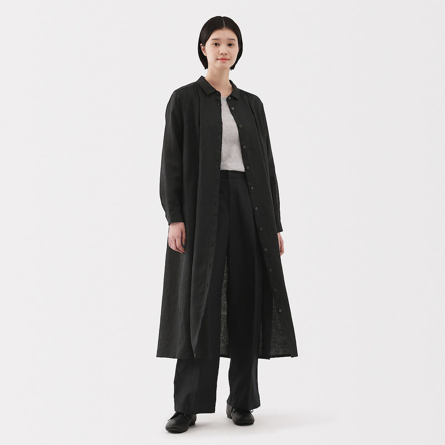 W's Washed linen L/S shirt dress BlackXS