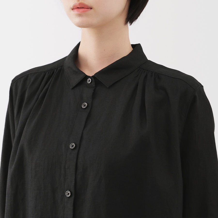 W's Washed linen L/S shirt dress BlackXS