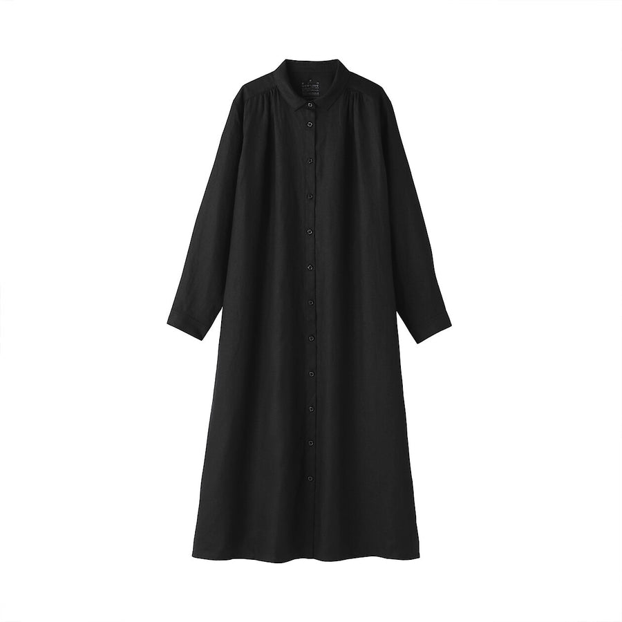W's Washed linen L/S shirt dress BlackXS