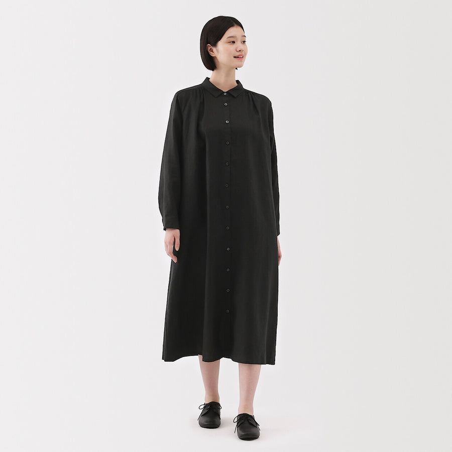 W's Washed linen L/S shirt dress BlackXS