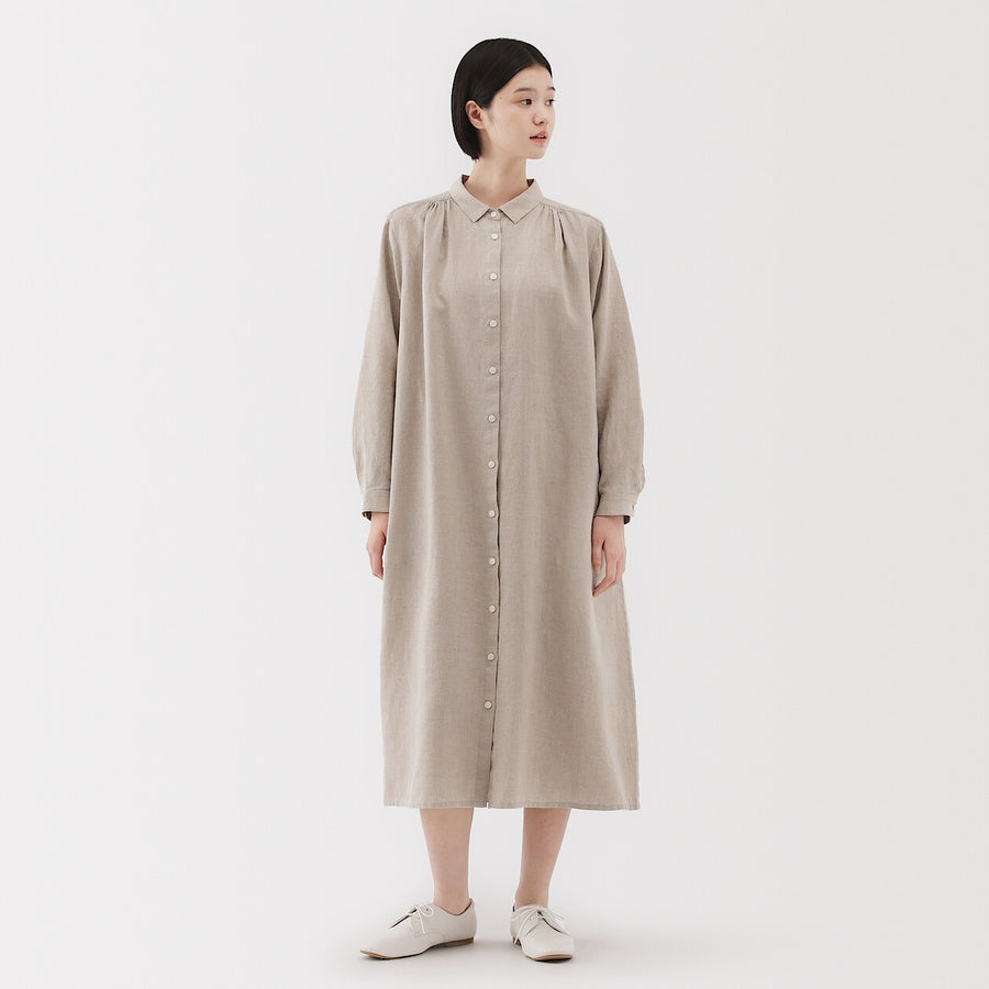 W's Washed linen L/S shirt dress BlackXS