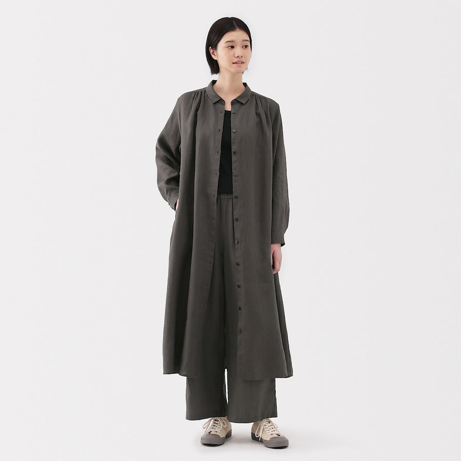 W's Washed linen L/S shirt dress BlackXS