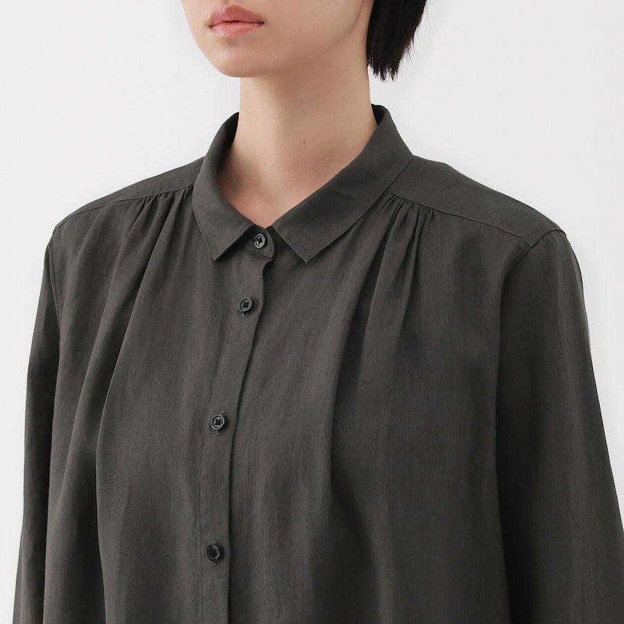 W's Washed linen L/S shirt dress BlackXS