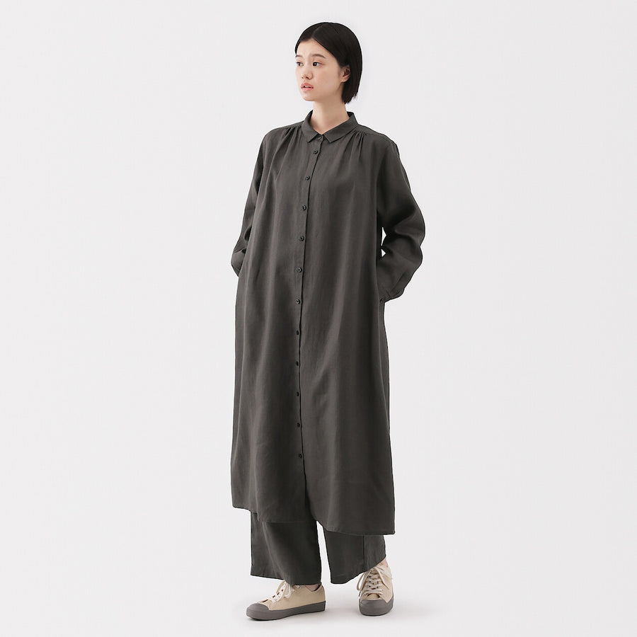 W's Washed linen L/S shirt dress BlackXS