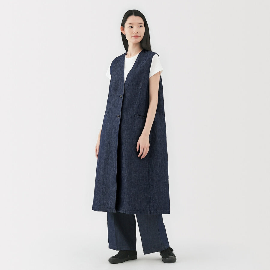 W's Hemp blend denim Long gilet NavyXS