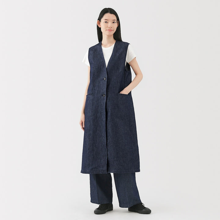 W's Hemp blend denim Long gilet NavyXS