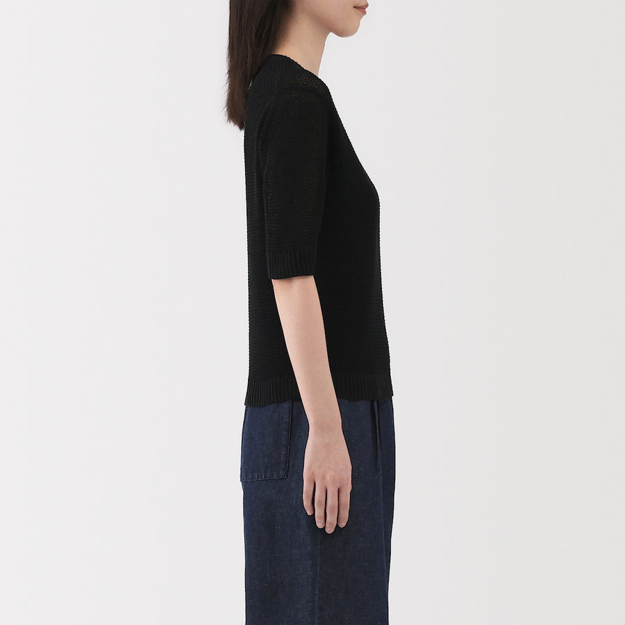 W's Linen blended mesh half sleeve sweater(OS) BlackXS