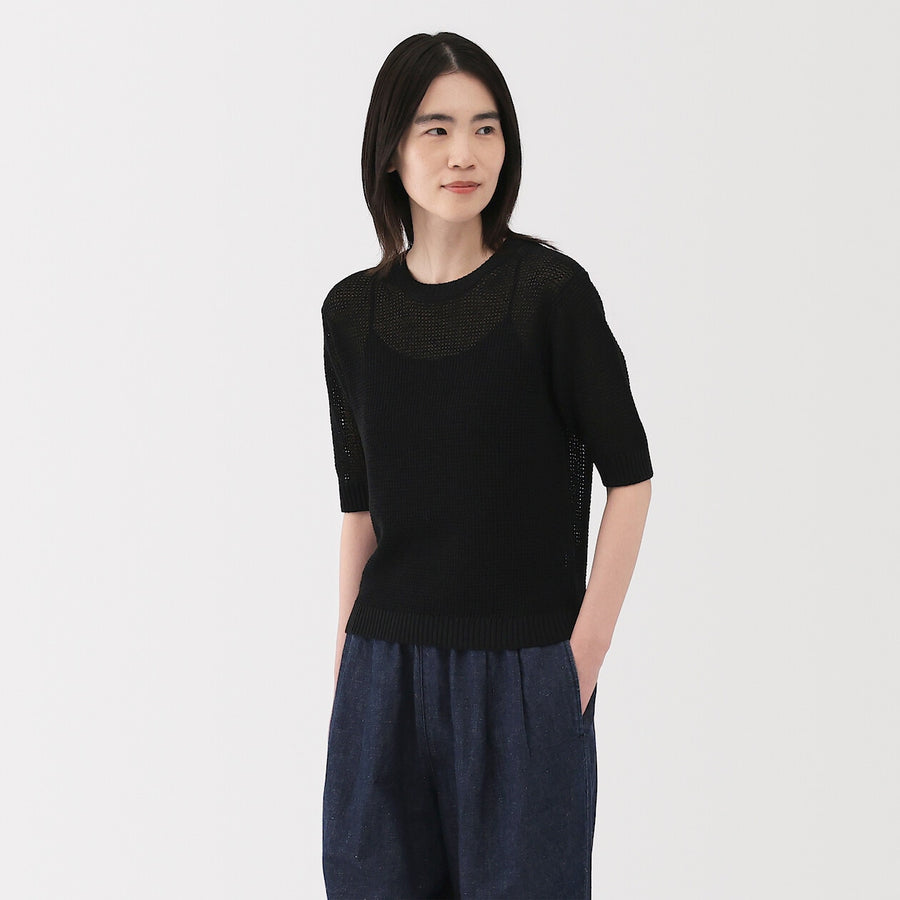 W's Linen blended mesh half sleeve sweater(OS) BlackXS