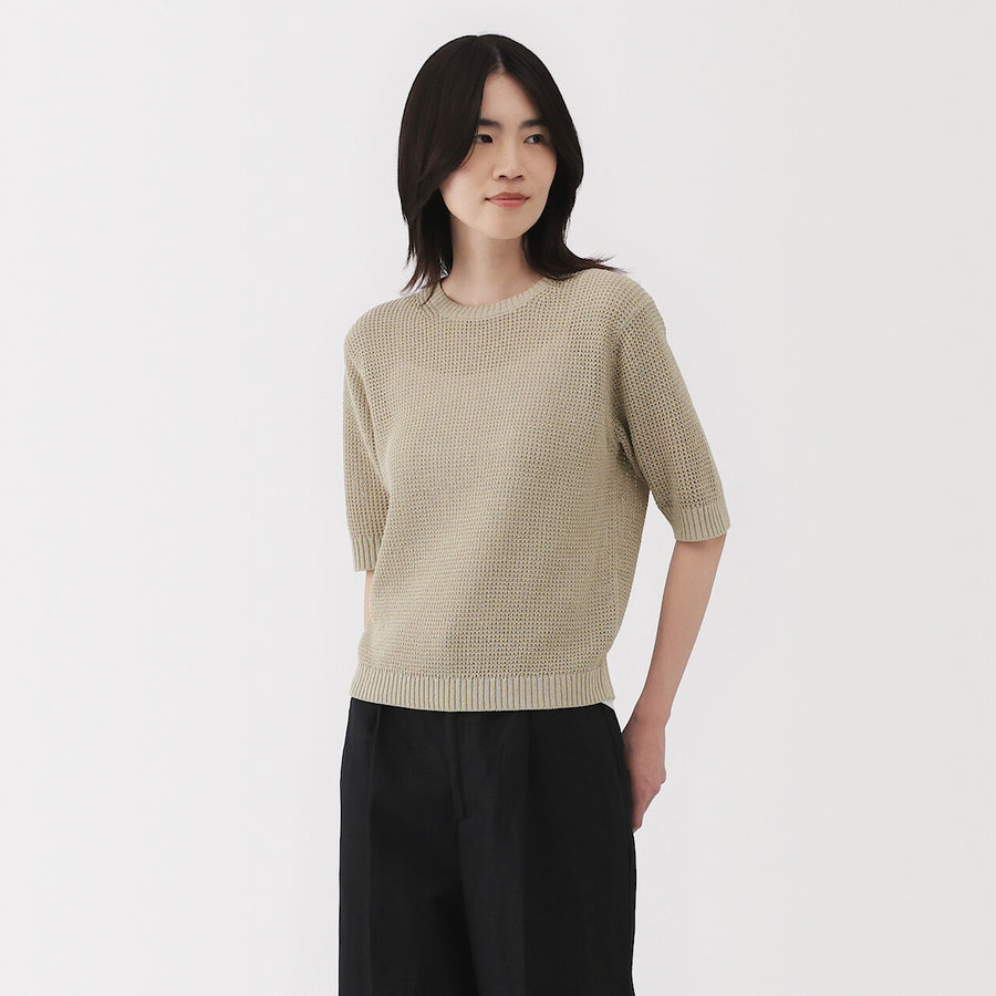 W's Linen blended mesh half sleeve sweater(OS) BlackXS