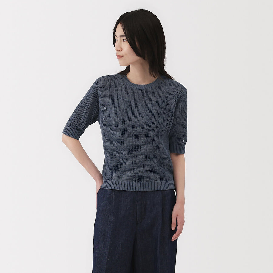 W's Linen blended mesh half sleeve sweater(OS) BlackXS