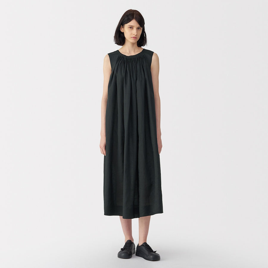 Women's ramie sleeveless tucked dress BlackS