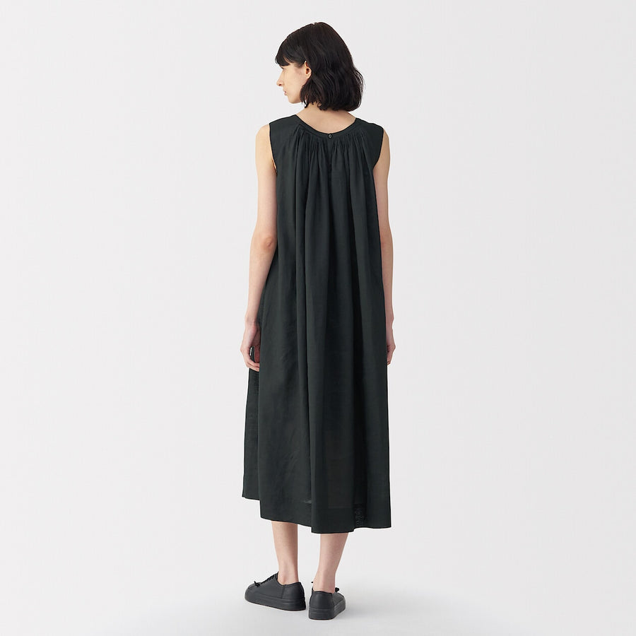 Women's ramie sleeveless tucked dress BlackS
