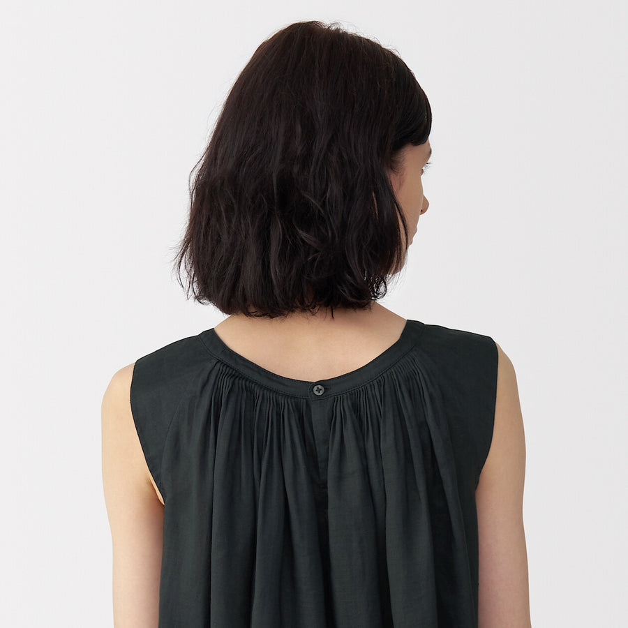 Women's ramie sleeveless tucked dress BlackS