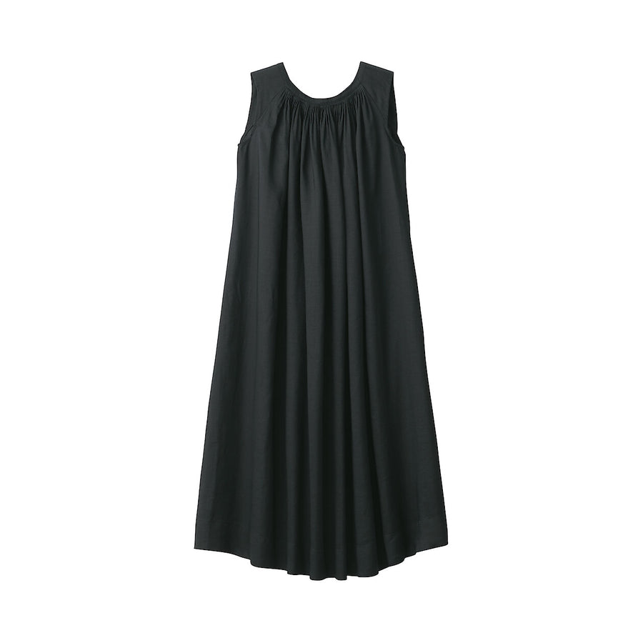 Women's ramie sleeveless tucked dress BlackS