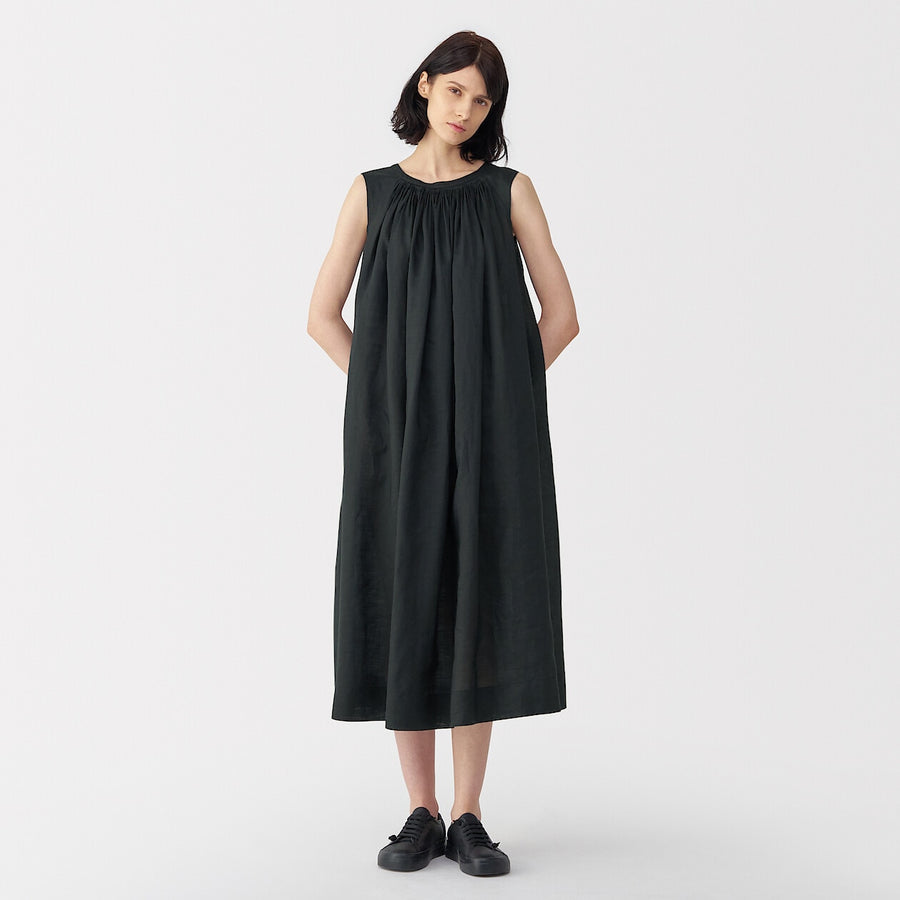 Women's ramie sleeveless tucked dress BlackS