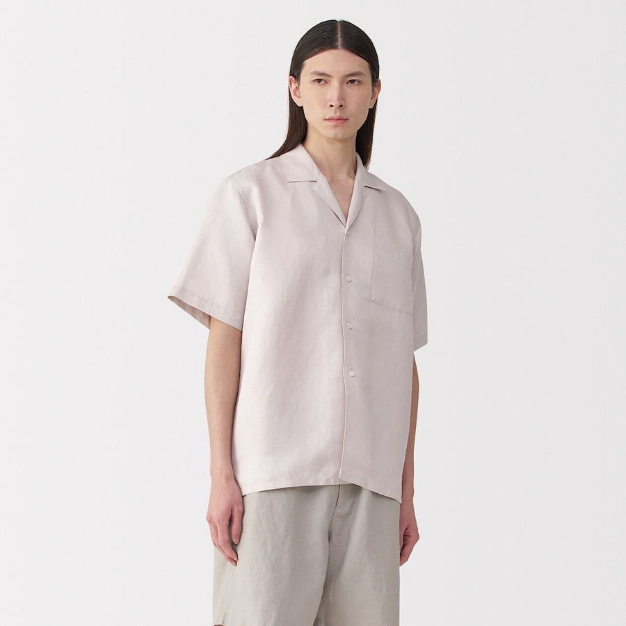 Men's linen silk open collar short sleeve shirt Light greyS