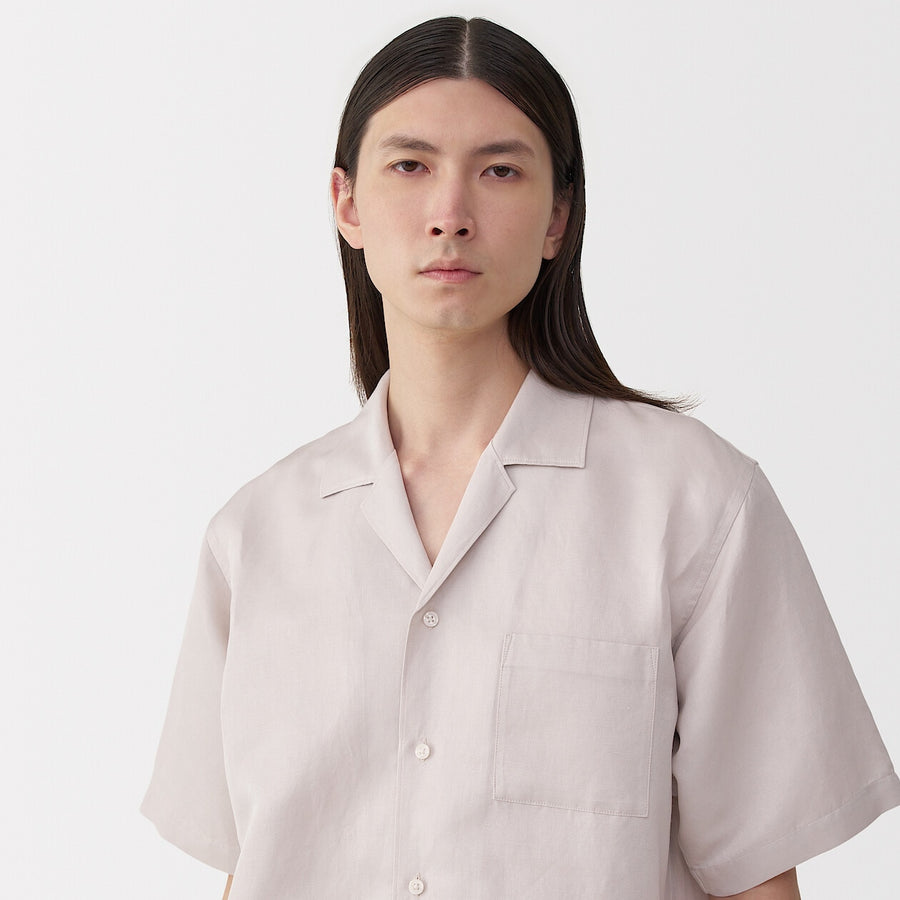 Men's linen silk open collar short sleeve shirt Light greyS
