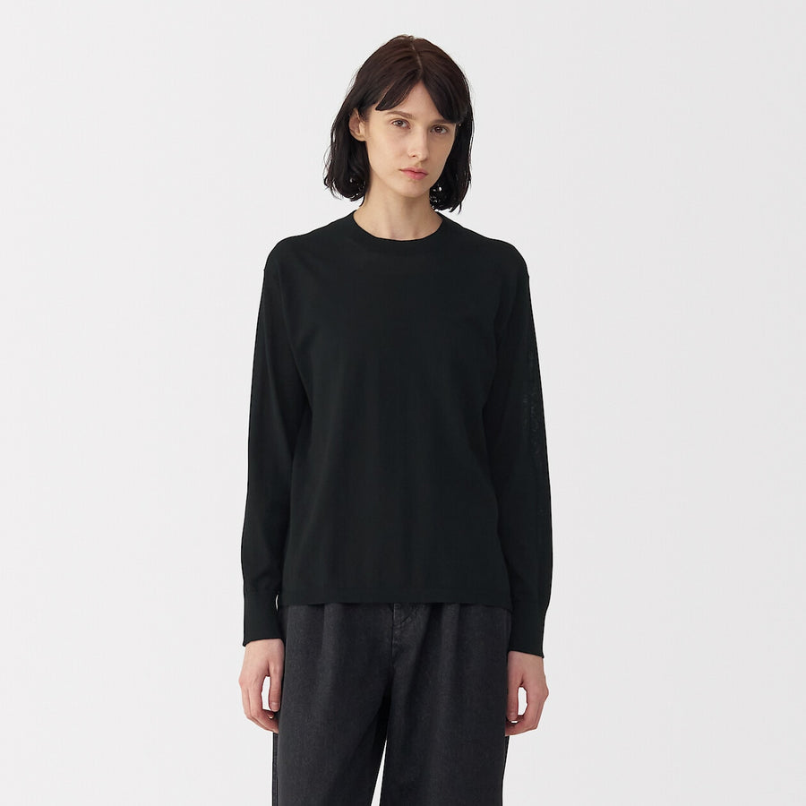 Women's cotton high gauge knit long sleeve pull overBlackS