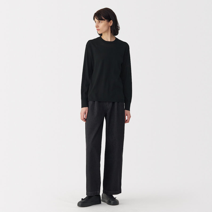 Women's cotton high gauge knit long sleeve pull overBlackS