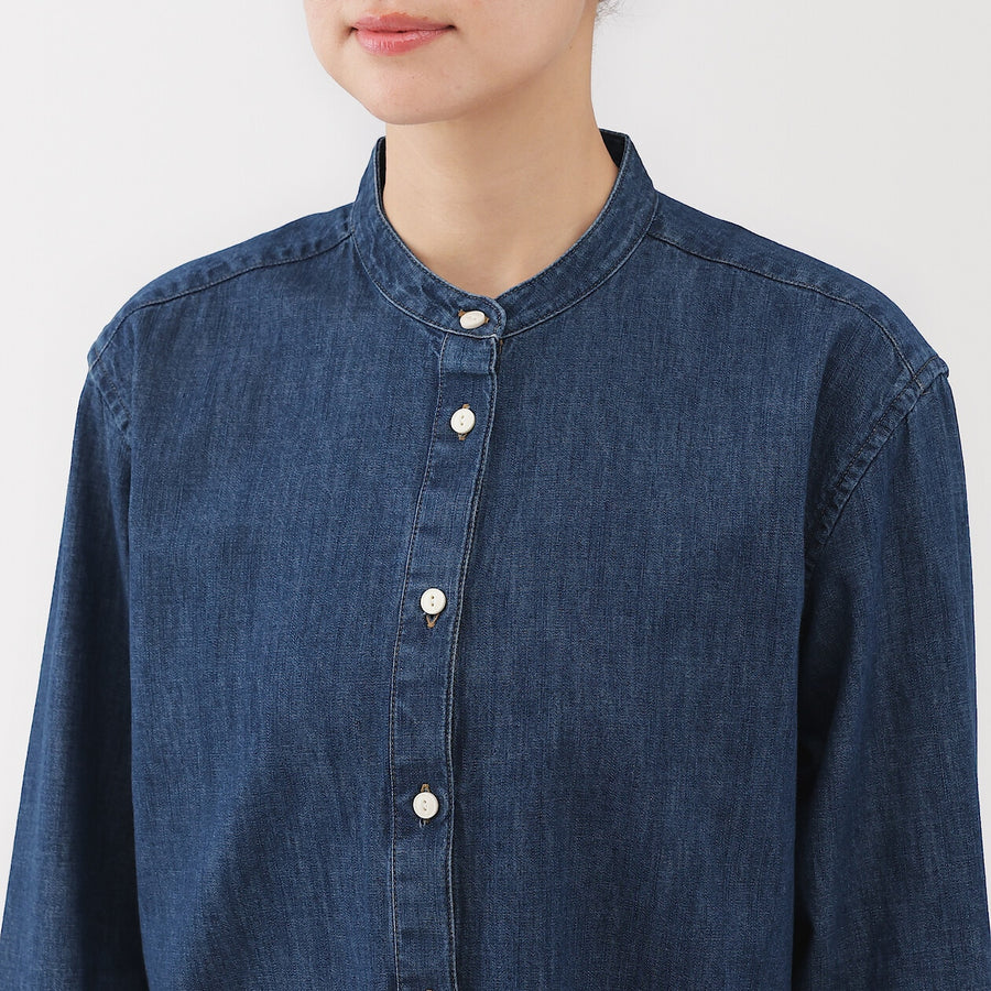 Buy MUJI Women's Washed Denim Stand Collar Long Sleeve Shirt