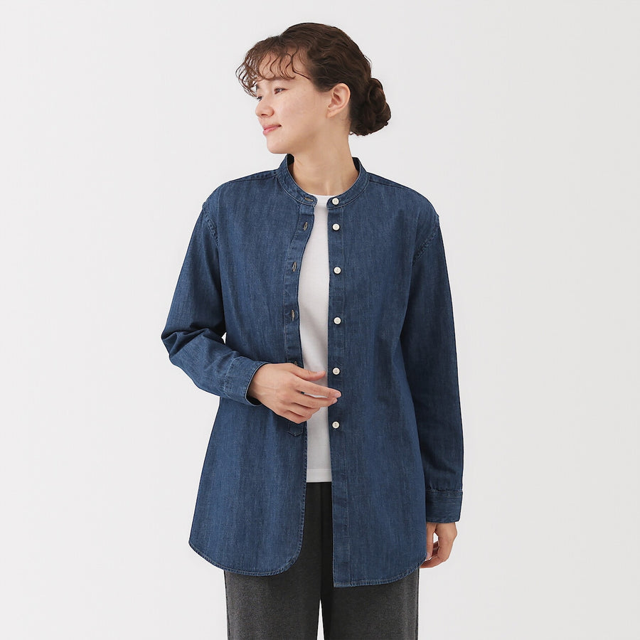 Buy MUJI Women's Washed Denim Stand Collar Long Sleeve Shirt